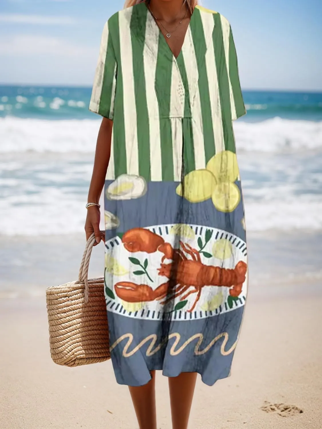 V Neck Boho Floral Linen Maxi Dress Women Summer Short Sleeve Loose Casual Beach Vacation Long Tunic Dress with Pocket