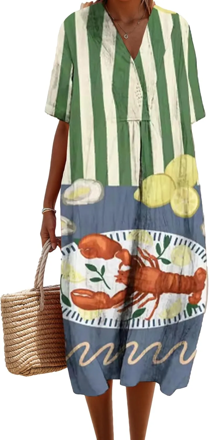 V Neck Boho Floral Linen Maxi Dress Women Summer Short Sleeve Loose Casual Beach Vacation Long Tunic Dress with Pocket