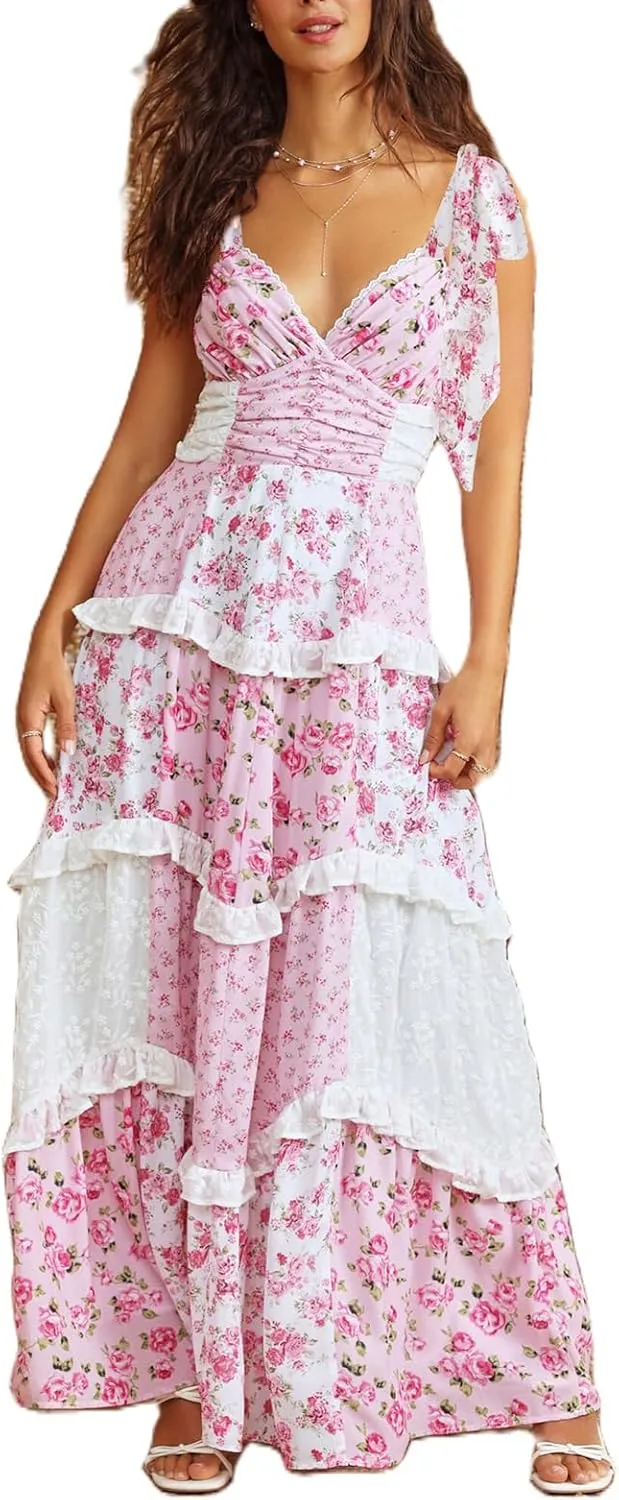 Women Boho Patchwork Maxi Dress Y2k Sleeveless Spaghetti Strap Backless Long Dress Floral Beach Vacation Sundress