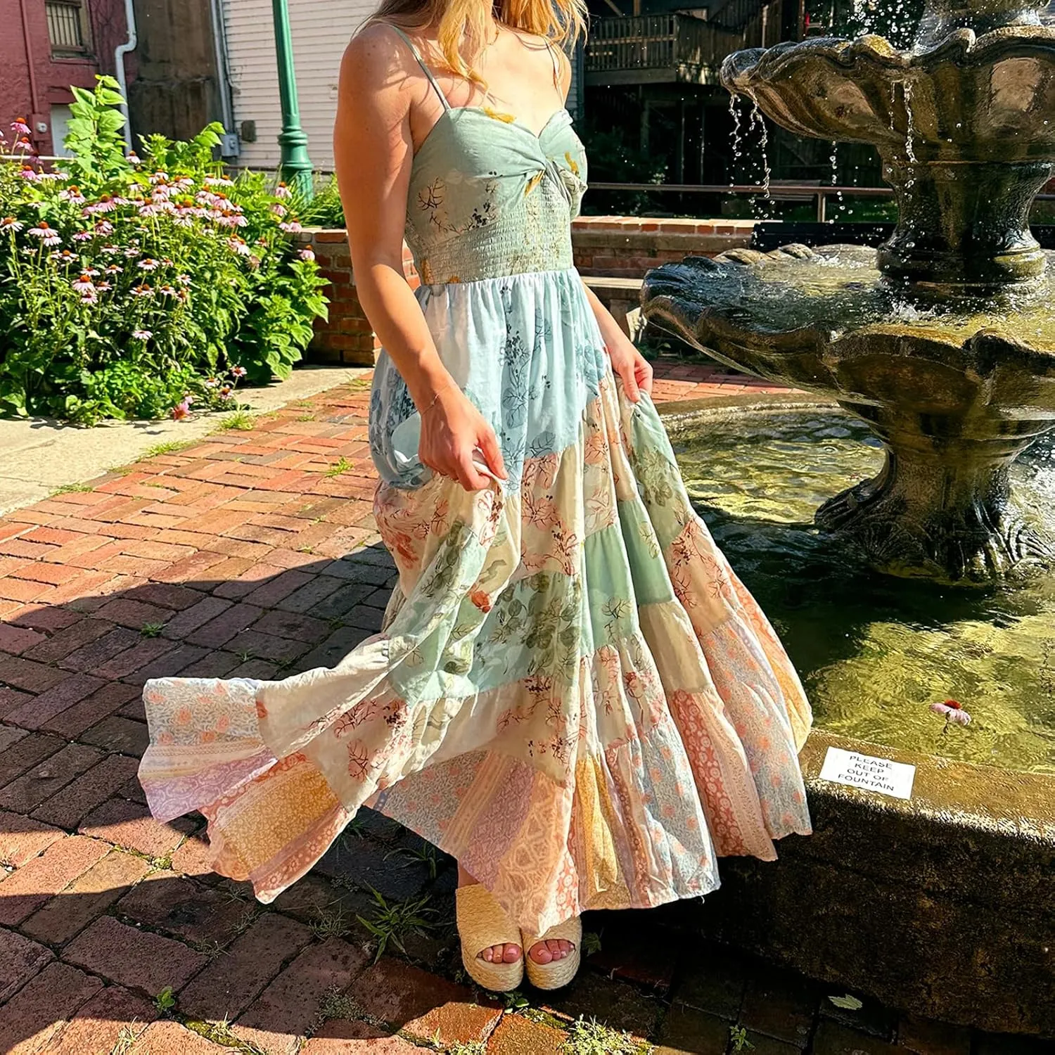 Women Boho Patchwork Maxi Dress Y2k Sleeveless Spaghetti Strap Backless Long Dress Floral Beach Vacation Sundress