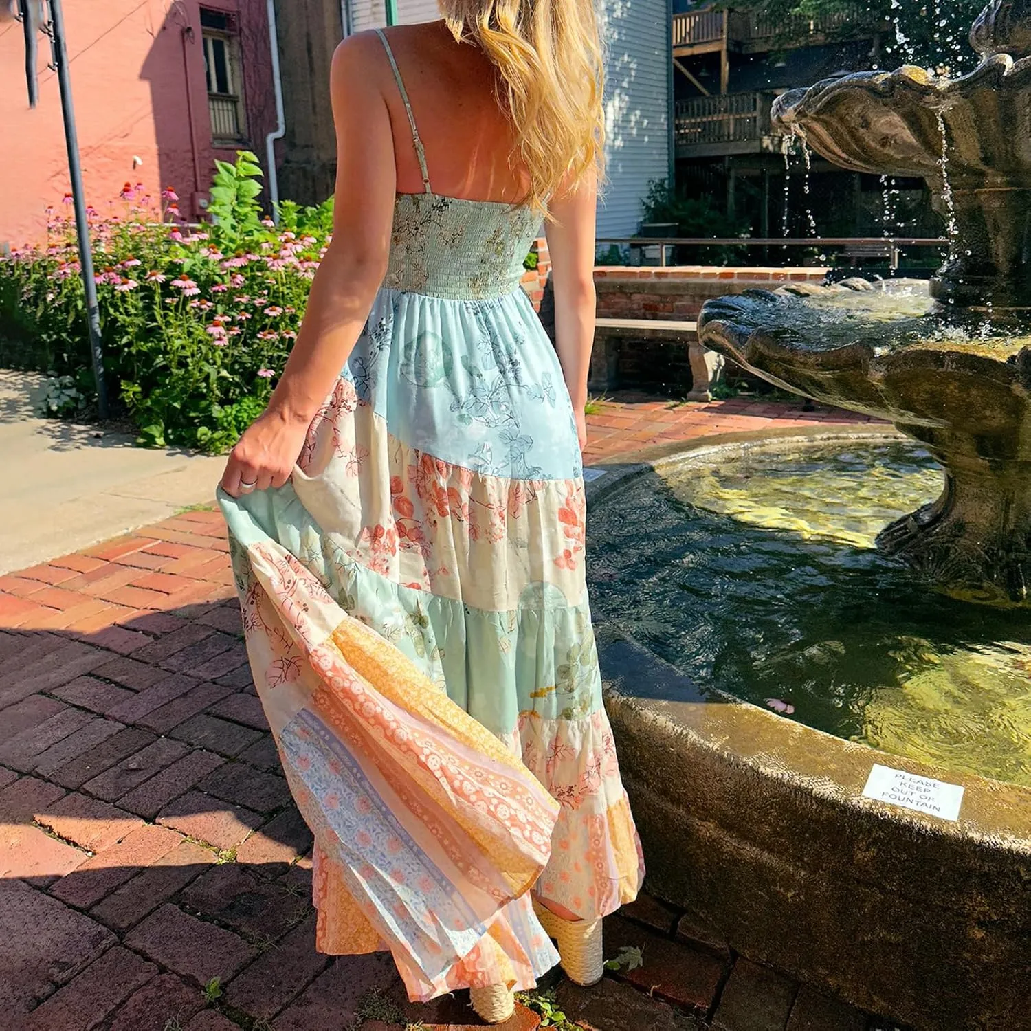 Women Boho Patchwork Maxi Dress Y2k Sleeveless Spaghetti Strap Backless Long Dress Floral Beach Vacation Sundress