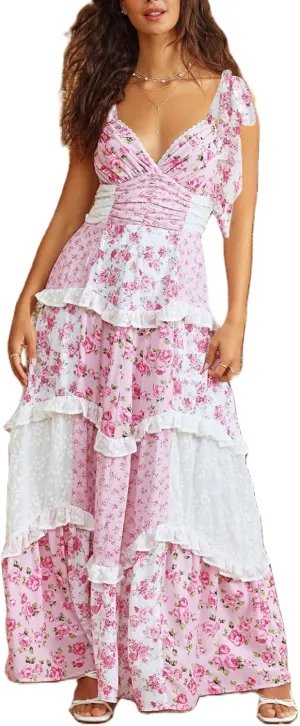 Women Boho Patchwork Maxi Dress Y2k Sleeveless Spaghetti Strap Backless Long Dress Floral Beach Vacation Sundress