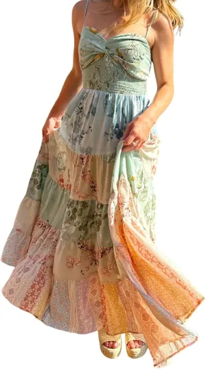 Women Boho Patchwork Maxi Dress Y2k Sleeveless Spaghetti Strap Backless Long Dress Floral Beach Vacation Sundress