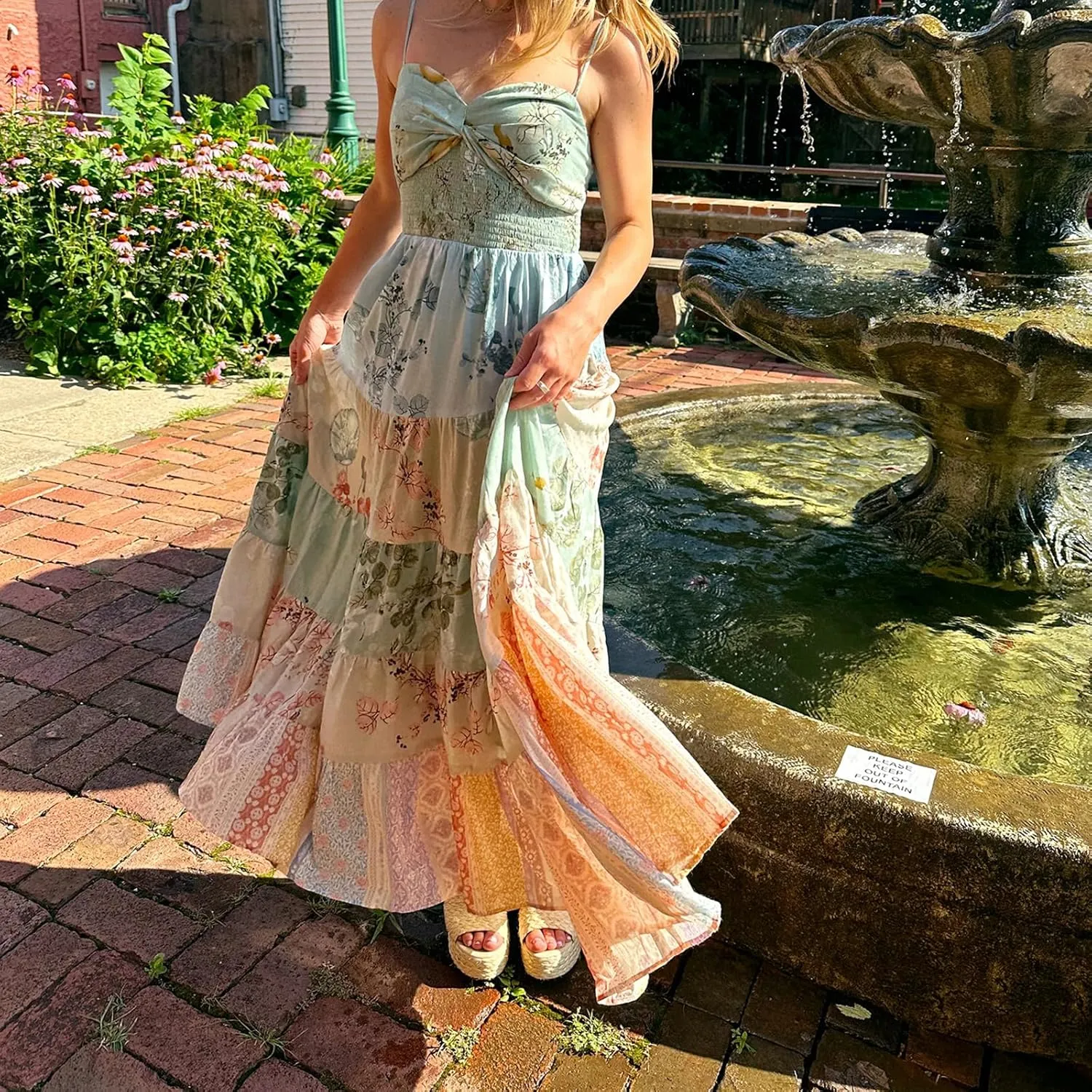 Women Boho Patchwork Maxi Dress Y2k Sleeveless Spaghetti Strap Backless Long Dress Floral Beach Vacation Sundress