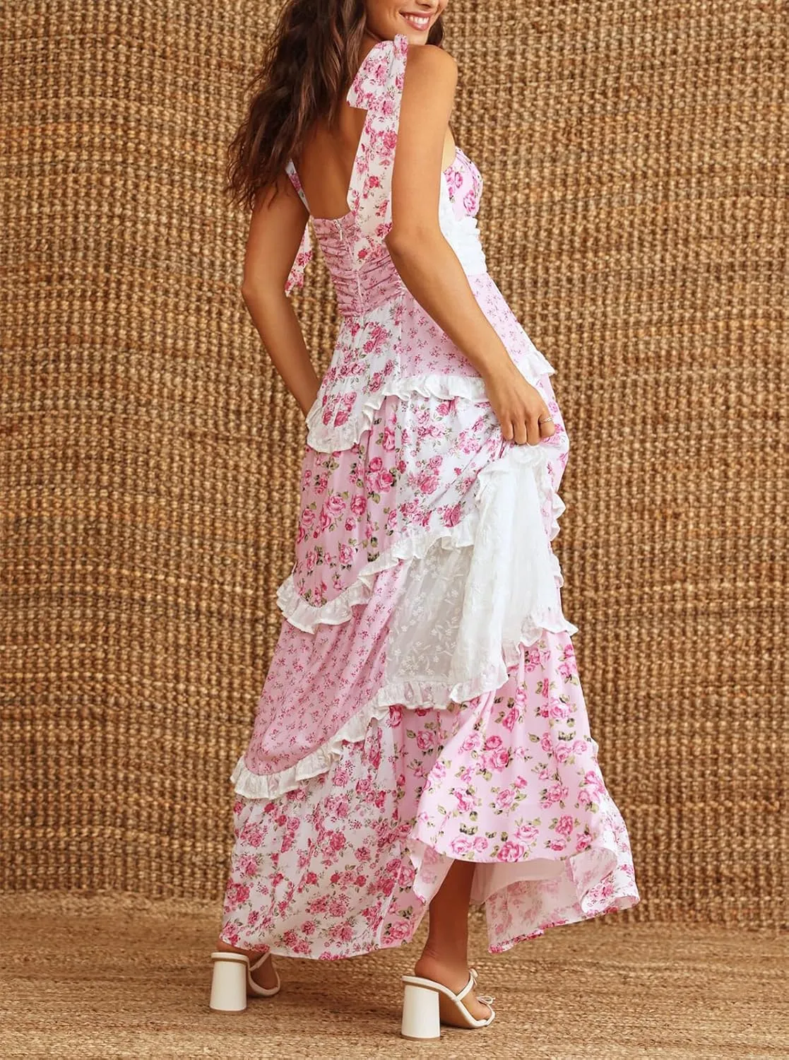 Women Boho Patchwork Maxi Dress Y2k Sleeveless Spaghetti Strap Backless Long Dress Floral Beach Vacation Sundress