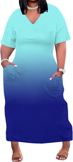 Women Casual T-Shirt Dress V Neck Short Sleeve with Front Two Pockets Solid Color Oversize Dresses