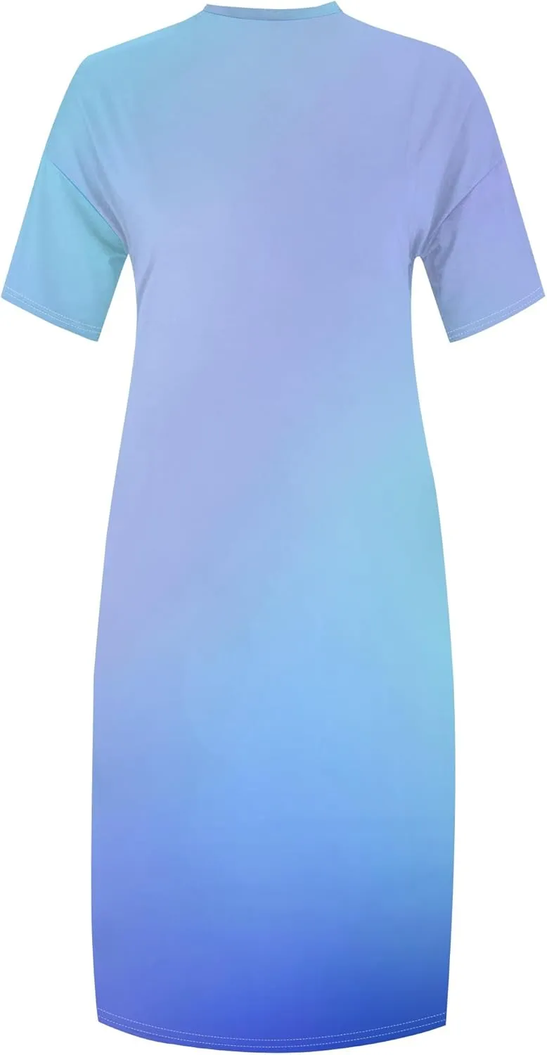 Women Casual T-Shirt Dress V Neck Short Sleeve with Front Two Pockets Solid Color Oversize Dresses