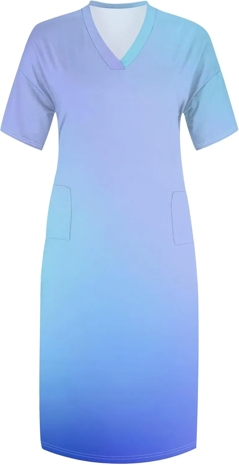 Women Casual T-Shirt Dress V Neck Short Sleeve with Front Two Pockets Solid Color Oversize Dresses