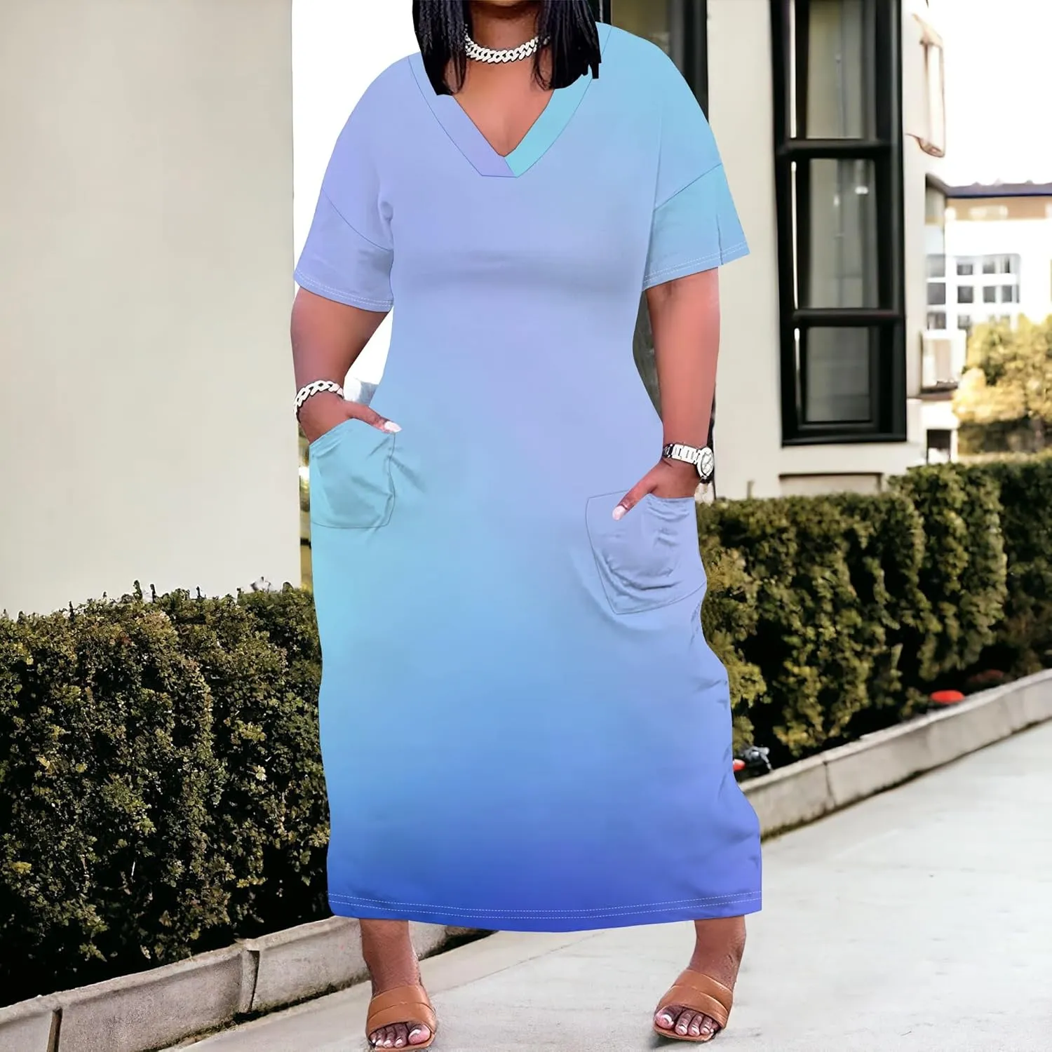 Women Casual T-Shirt Dress V Neck Short Sleeve with Front Two Pockets Solid Color Oversize Dresses