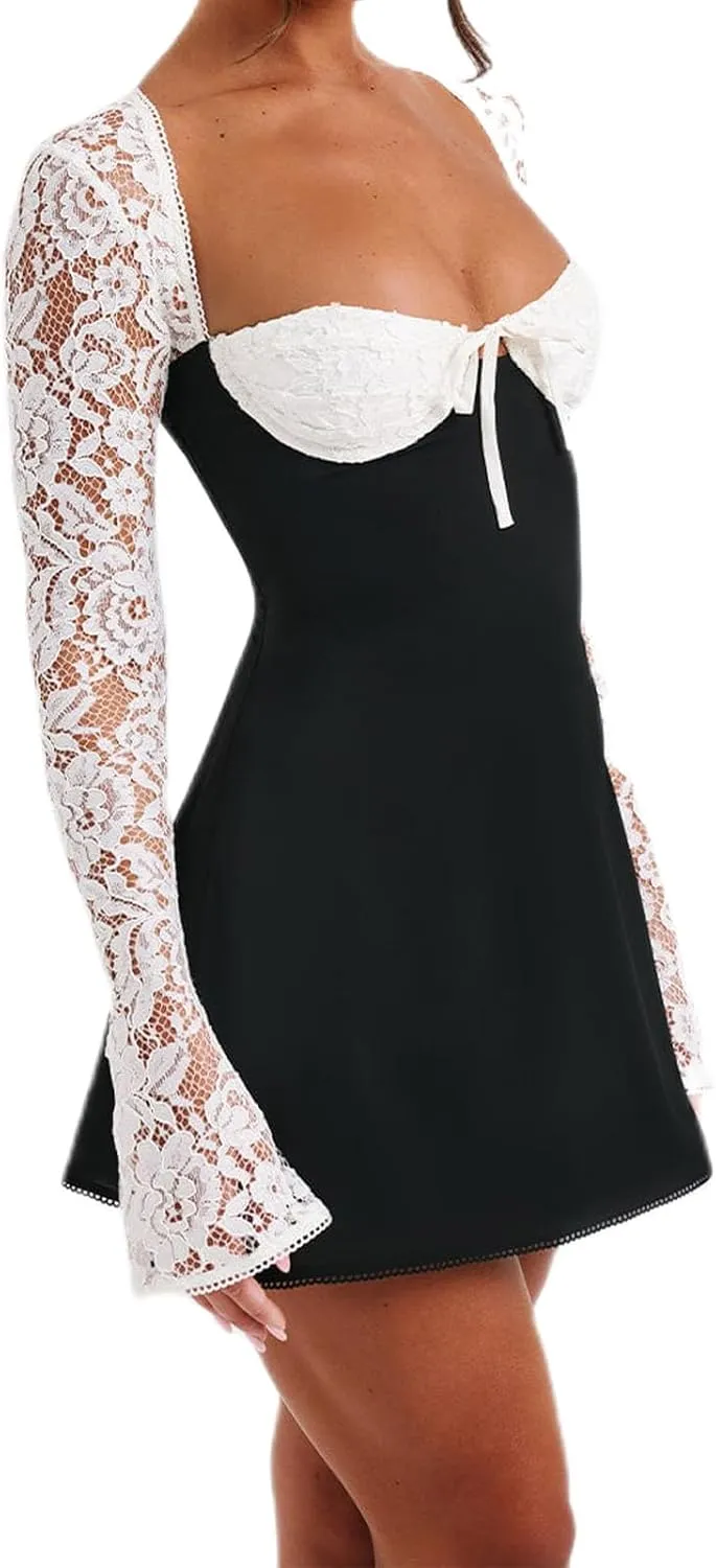Women Lace Dress Elegant Long Sleeve Lace Patchwork Low Cut Mini Dress Backless Tie up Going Out Dress