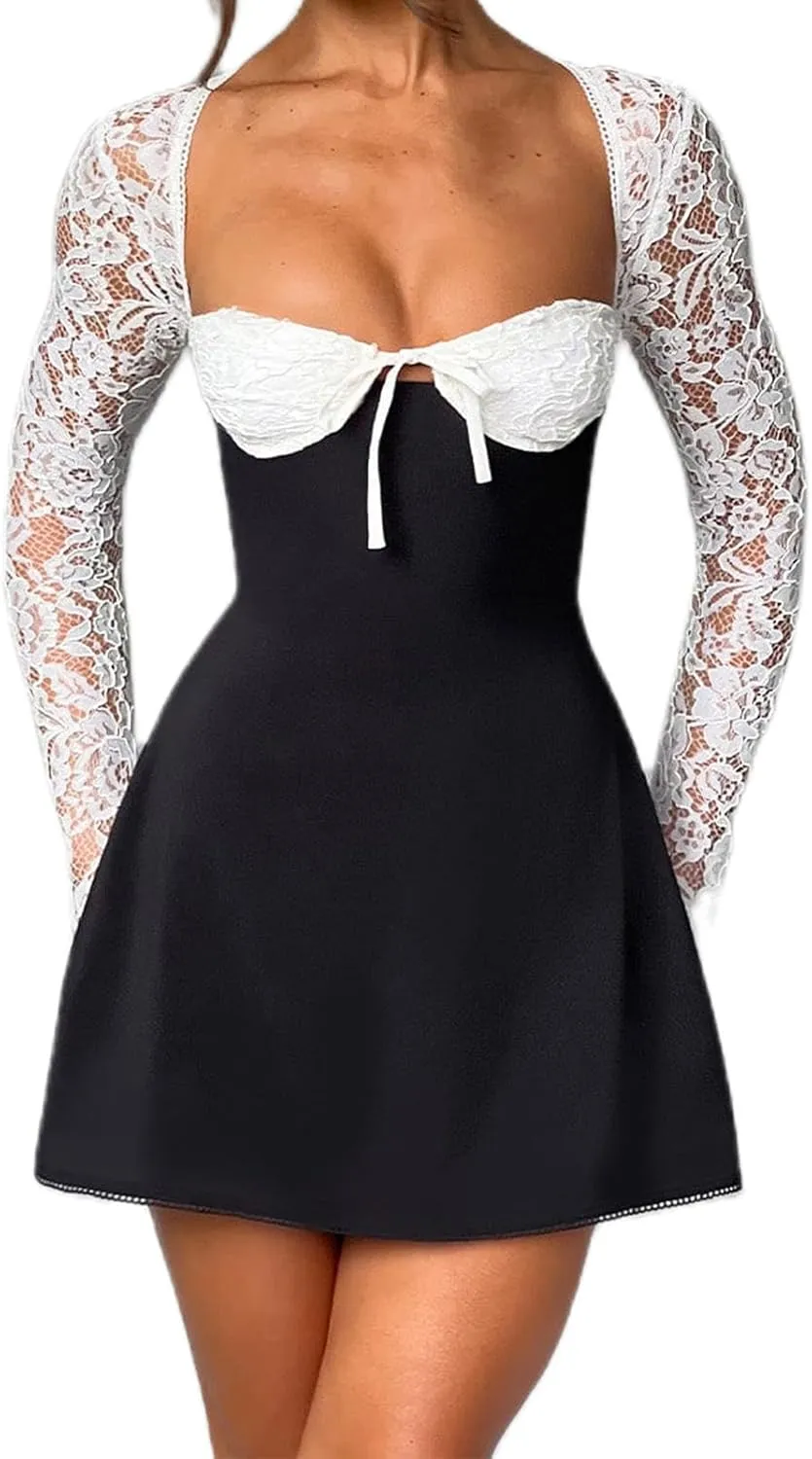 Women Lace Dress Elegant Long Sleeve Lace Patchwork Low Cut Mini Dress Backless Tie up Going Out Dress