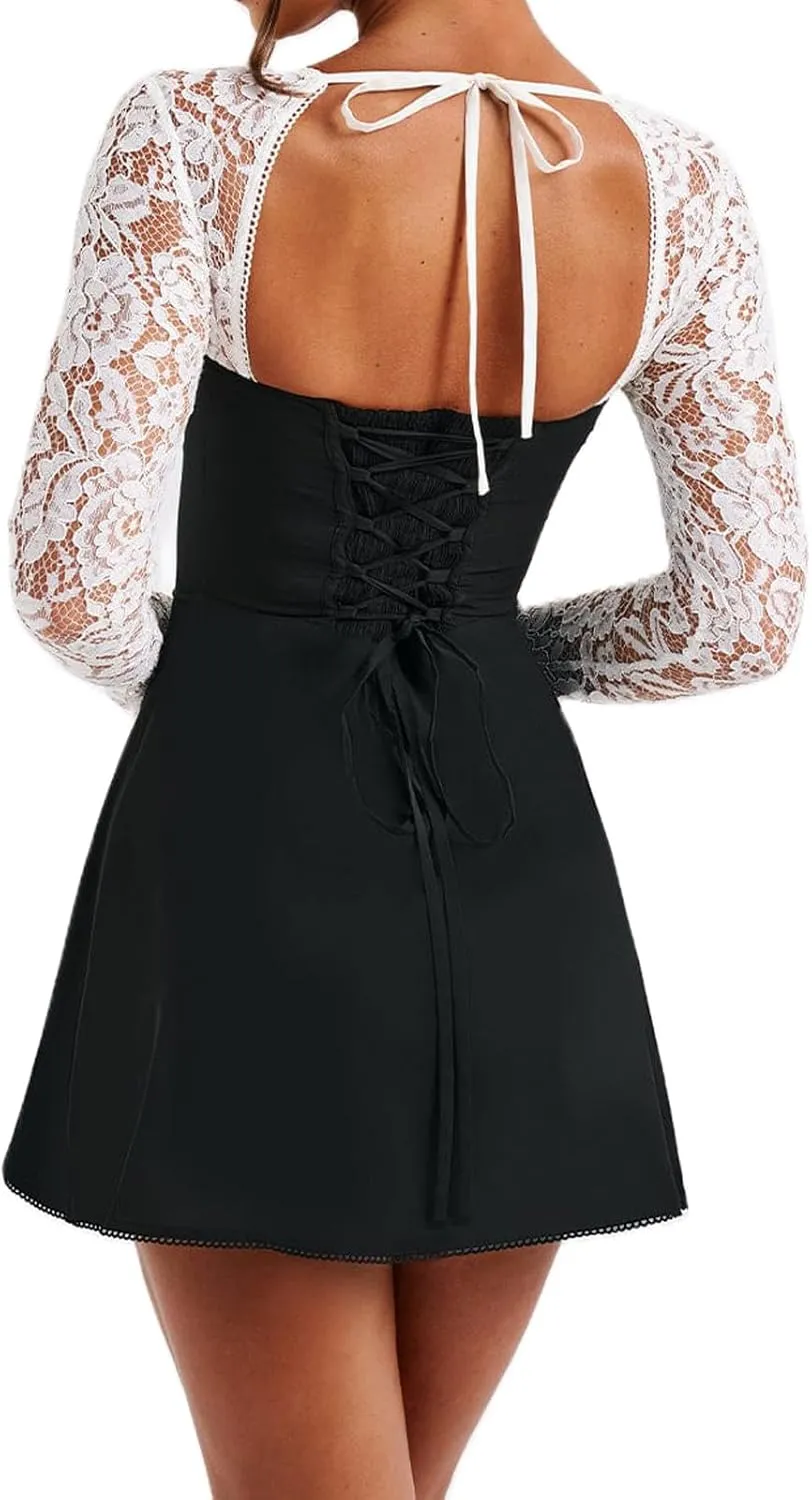 Women Lace Dress Elegant Long Sleeve Lace Patchwork Low Cut Mini Dress Backless Tie up Going Out Dress