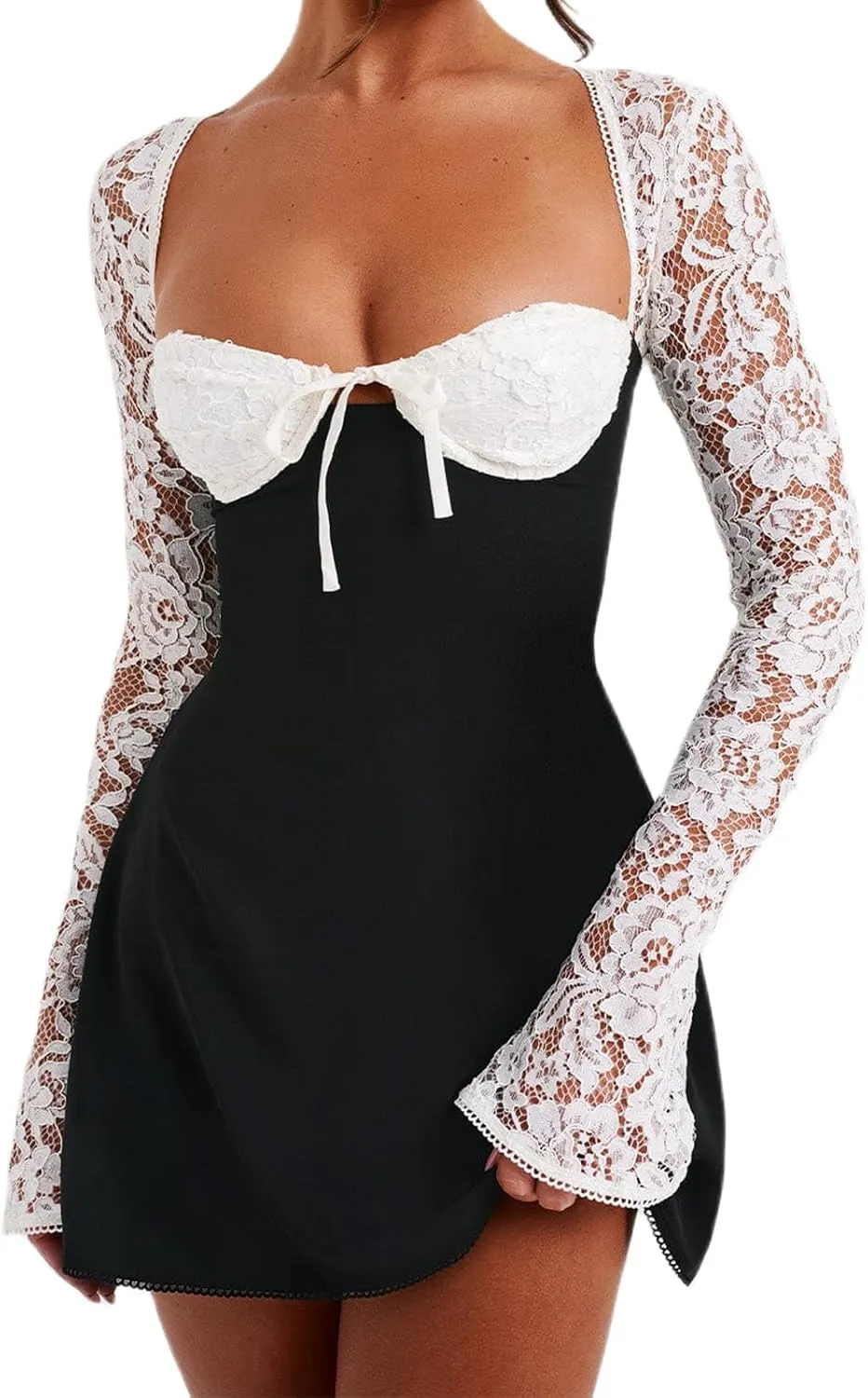 Women Lace Dress Elegant Long Sleeve Lace Patchwork Low Cut Mini Dress Backless Tie up Going Out Dress
