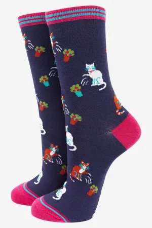 Women's Bamboo Socks - Navy Blue/Fuchsia, Cats