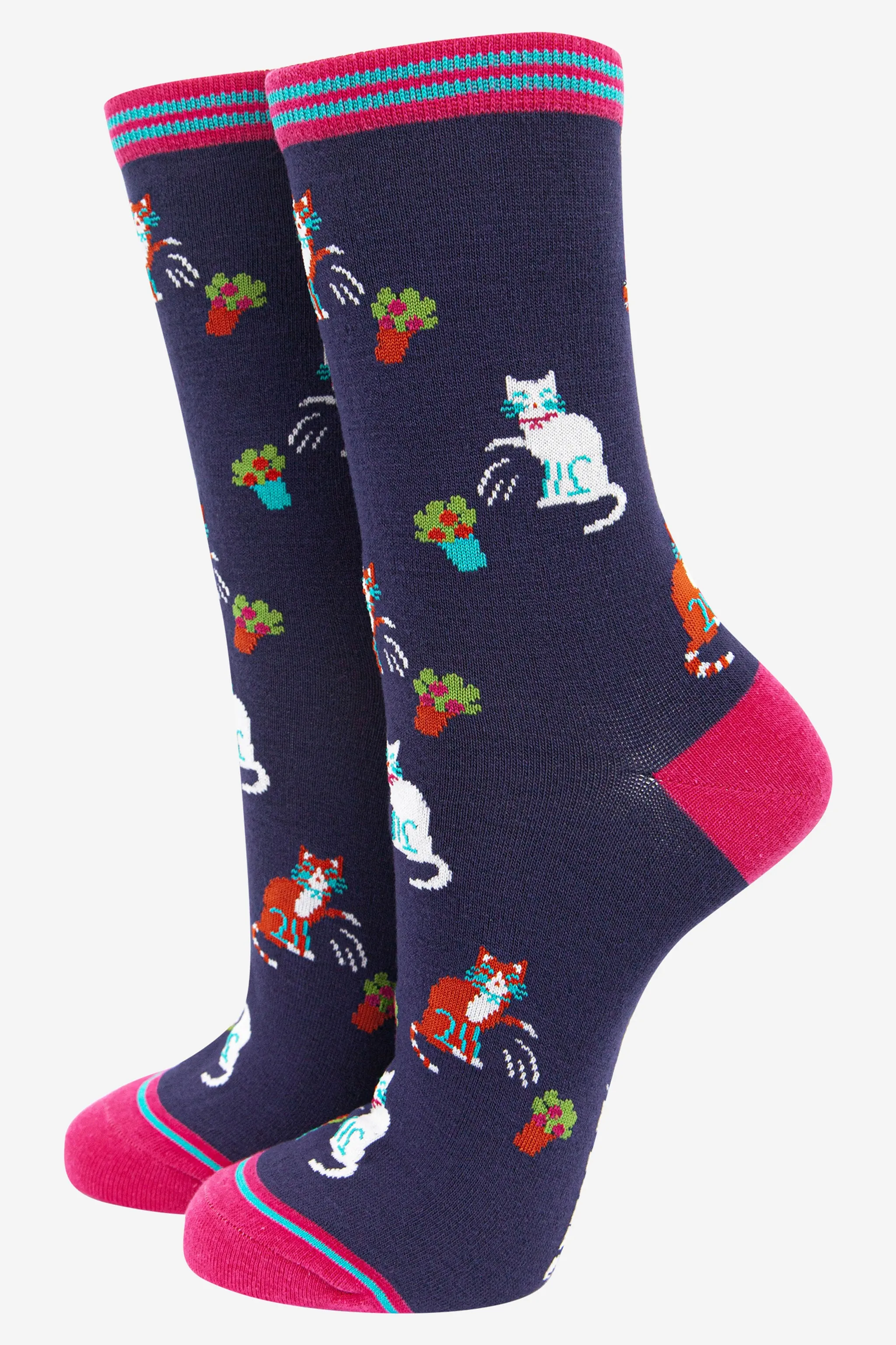 Women's Bamboo Socks - Navy Blue/Fuchsia, Cats