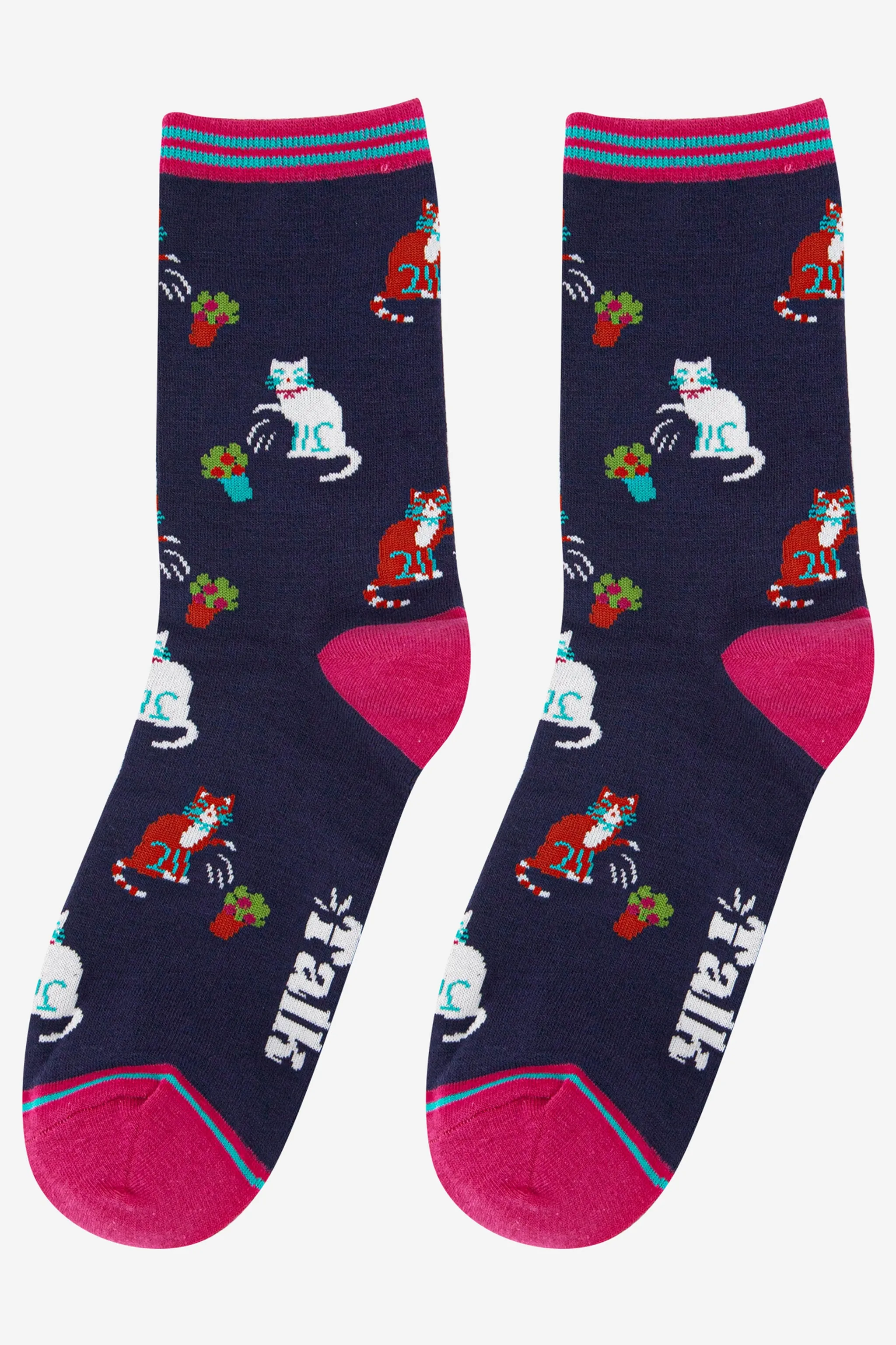 Women's Bamboo Socks - Navy Blue/Fuchsia, Cats