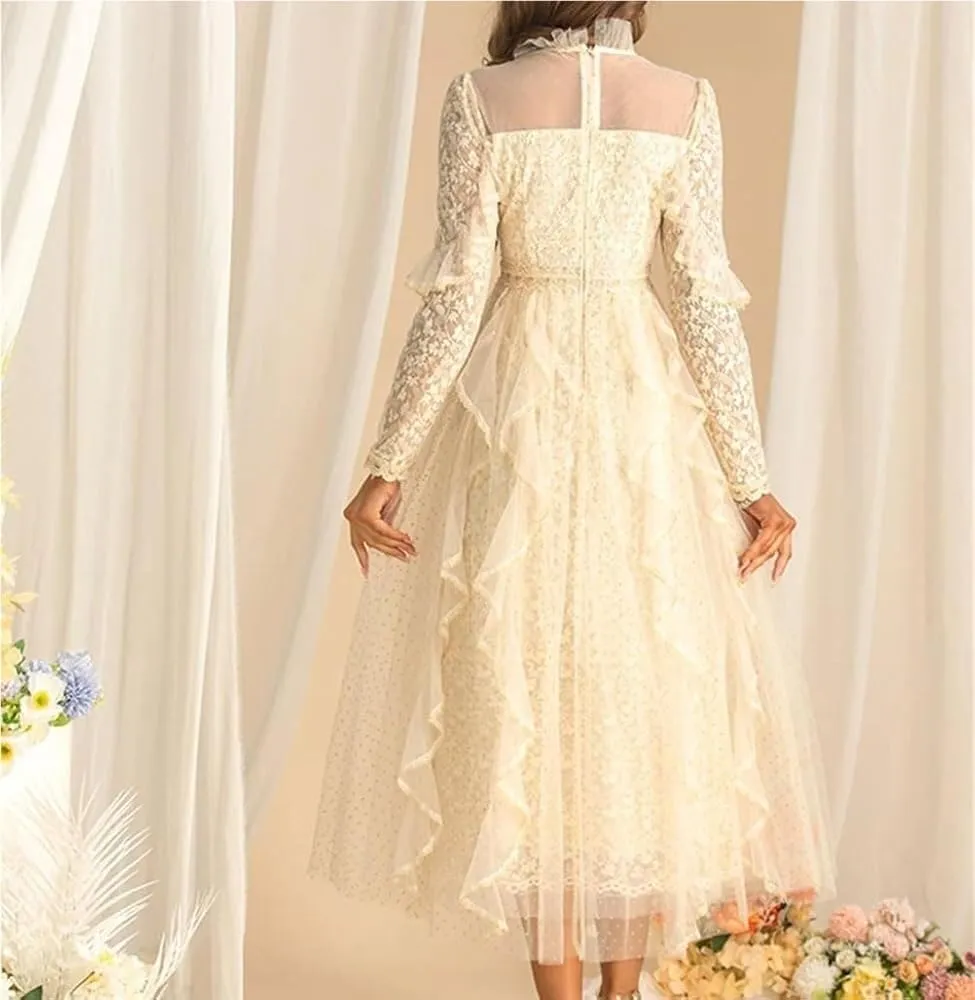 Women's Casual Long Sleeve Dress Lace Splicing Flounced Edge Vacation Party Dresses
