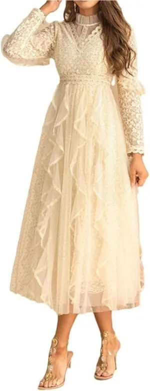 Women's Casual Long Sleeve Dress Lace Splicing Flounced Edge Vacation Party Dresses
