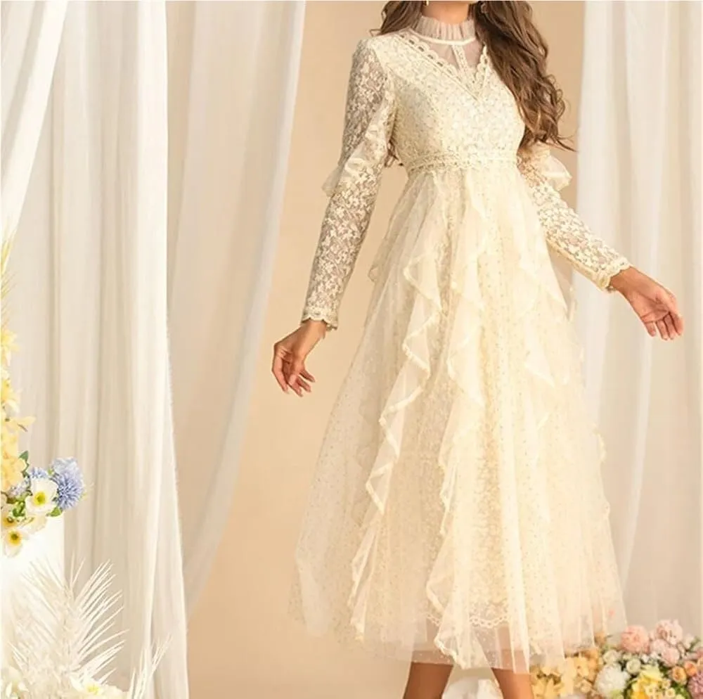 Women's Casual Long Sleeve Dress Lace Splicing Flounced Edge Vacation Party Dresses