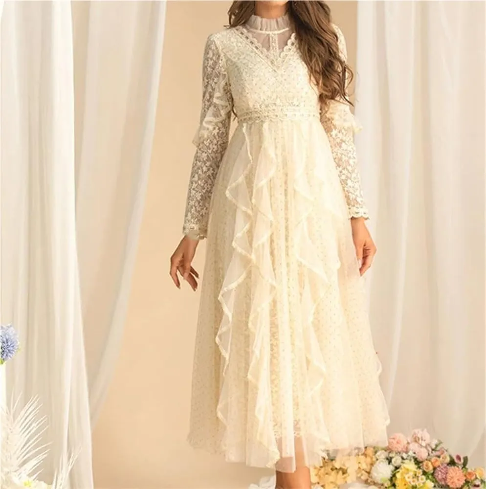 Women's Casual Long Sleeve Dress Lace Splicing Flounced Edge Vacation Party Dresses
