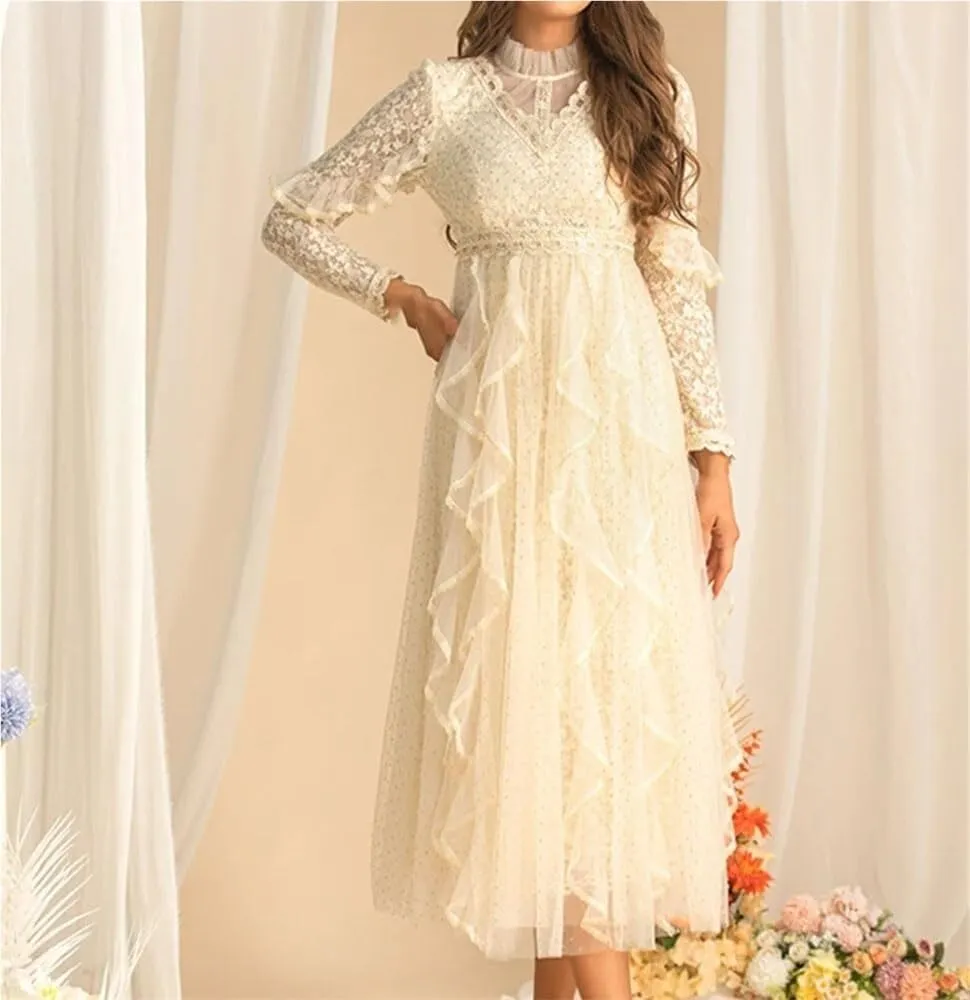 Women's Casual Long Sleeve Dress Lace Splicing Flounced Edge Vacation Party Dresses