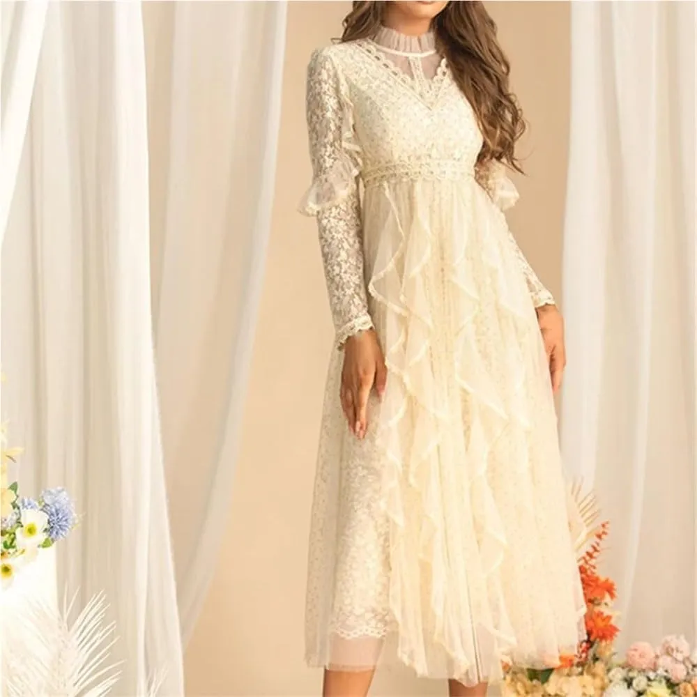 Women's Casual Long Sleeve Dress Lace Splicing Flounced Edge Vacation Party Dresses