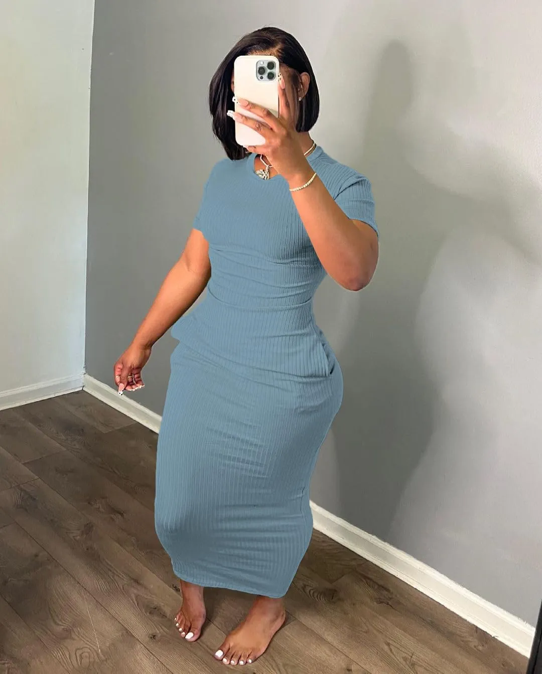 Women's Casual Short Sleeve Dress T Shirt Bodycon Dresses Ribbed V Neck Maxi Sundress Basic Party Club Dress with Pocket