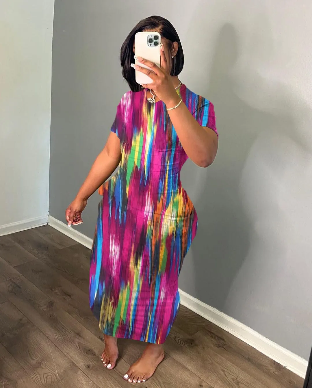 Women's Casual Short Sleeve Dress T Shirt Bodycon Dresses Ribbed V Neck Maxi Sundress Basic Party Club Dress with Pocket