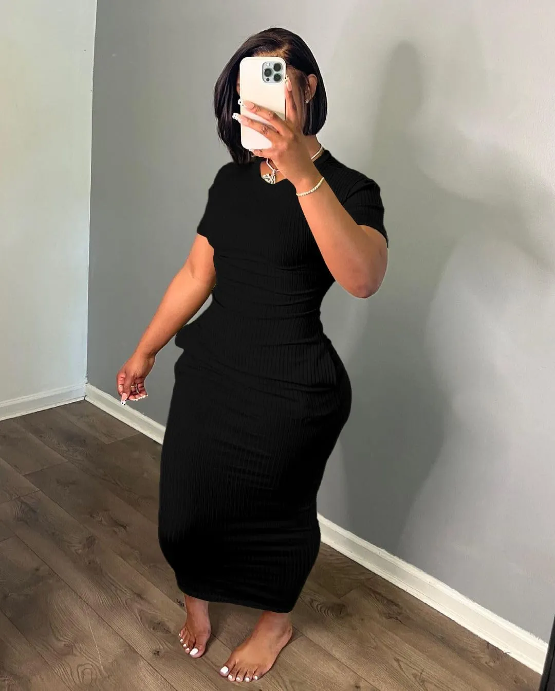 Women's Casual Short Sleeve Dress T Shirt Bodycon Dresses Ribbed V Neck Maxi Sundress Basic Party Club Dress with Pocket