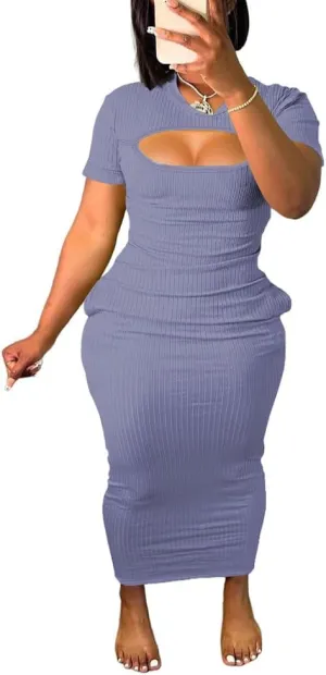 Women's Casual Short Sleeve Dress T Shirt Bodycon Dresses Ribbed V Neck Maxi Sundress Basic Party Club Dress with Pocket