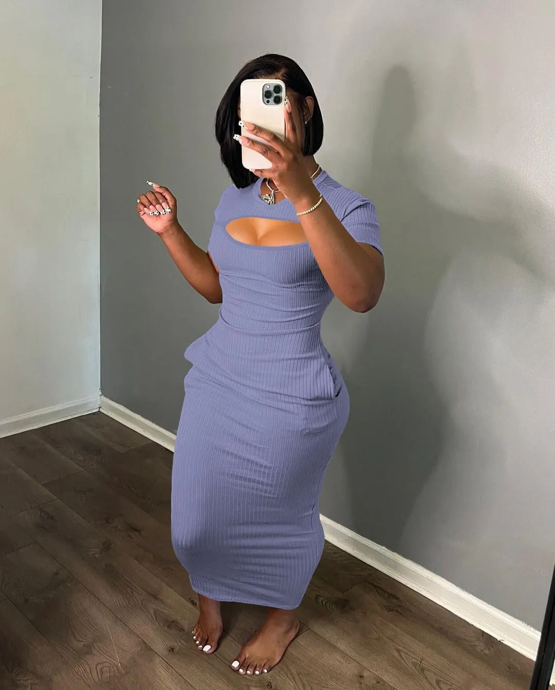 Women's Casual Short Sleeve Dress T Shirt Bodycon Dresses Ribbed V Neck Maxi Sundress Basic Party Club Dress with Pocket