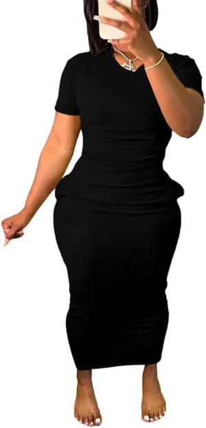 Women's Casual Short Sleeve Dress T Shirt Bodycon Dresses Ribbed V Neck Maxi Sundress Basic Party Club Dress with Pocket