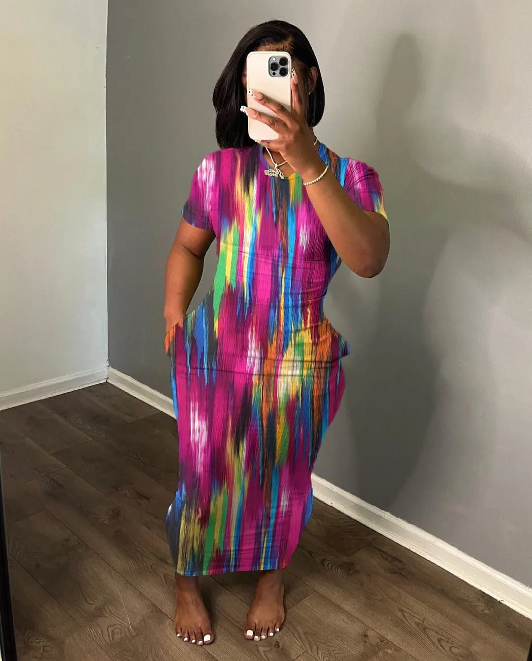 Women's Casual Short Sleeve Dress T Shirt Bodycon Dresses Ribbed V Neck Maxi Sundress Basic Party Club Dress with Pocket