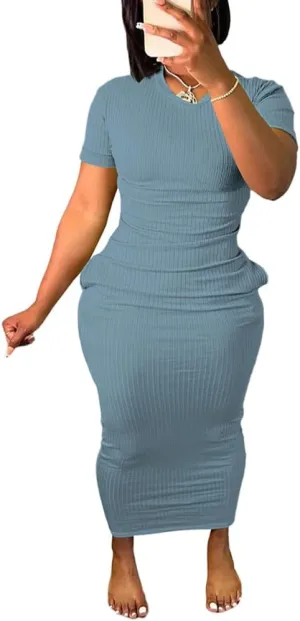 Women's Casual Short Sleeve Dress T Shirt Bodycon Dresses Ribbed V Neck Maxi Sundress Basic Party Club Dress with Pocket