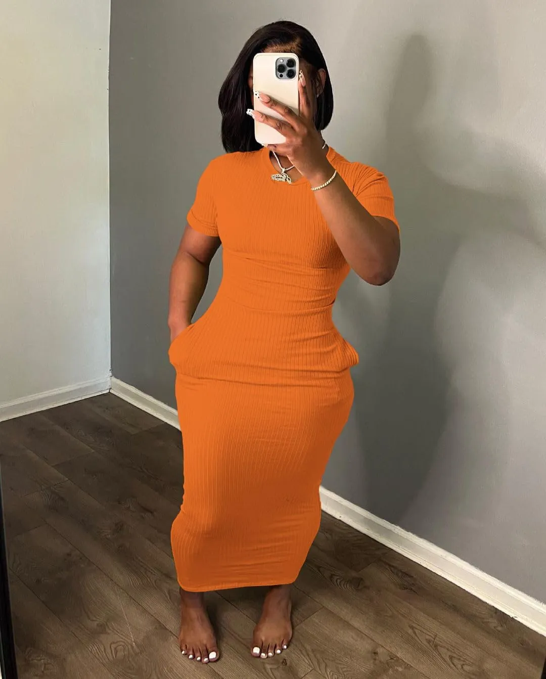 Women's Casual Short Sleeve Dress T Shirt Bodycon Dresses Ribbed V Neck Maxi Sundress Basic Party Club Dress with Pocket
