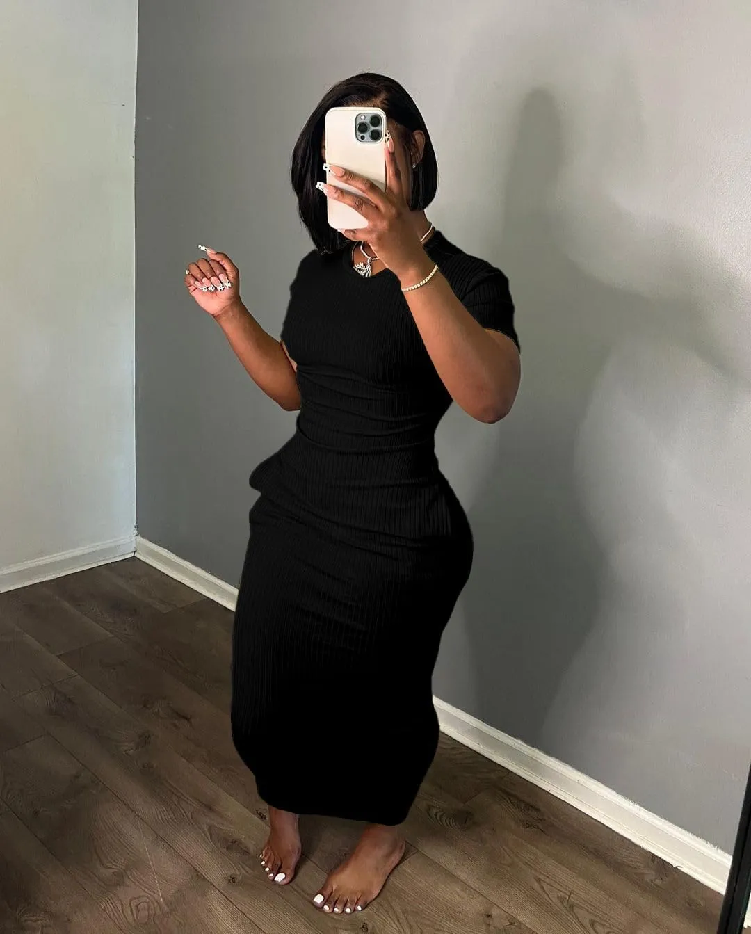 Women's Casual Short Sleeve Dress T Shirt Bodycon Dresses Ribbed V Neck Maxi Sundress Basic Party Club Dress with Pocket