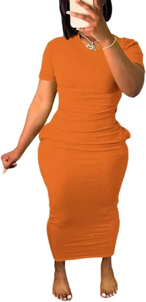 Women's Casual Short Sleeve Dress T Shirt Bodycon Dresses Ribbed V Neck Maxi Sundress Basic Party Club Dress with Pocket