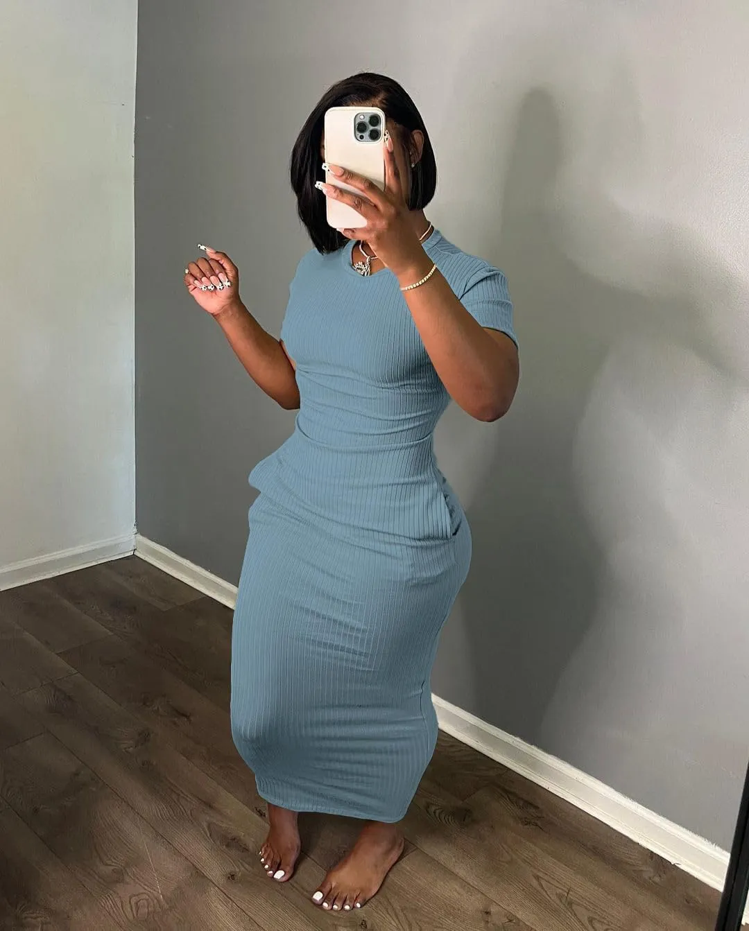 Women's Casual Short Sleeve Dress T Shirt Bodycon Dresses Ribbed V Neck Maxi Sundress Basic Party Club Dress with Pocket