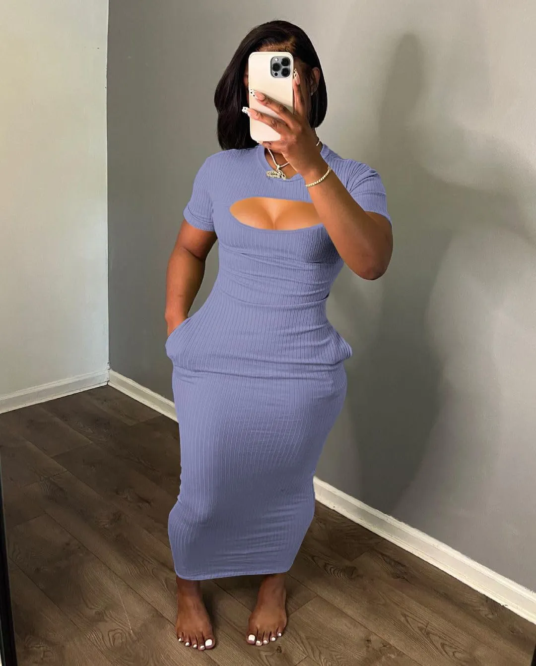 Women's Casual Short Sleeve Dress T Shirt Bodycon Dresses Ribbed V Neck Maxi Sundress Basic Party Club Dress with Pocket