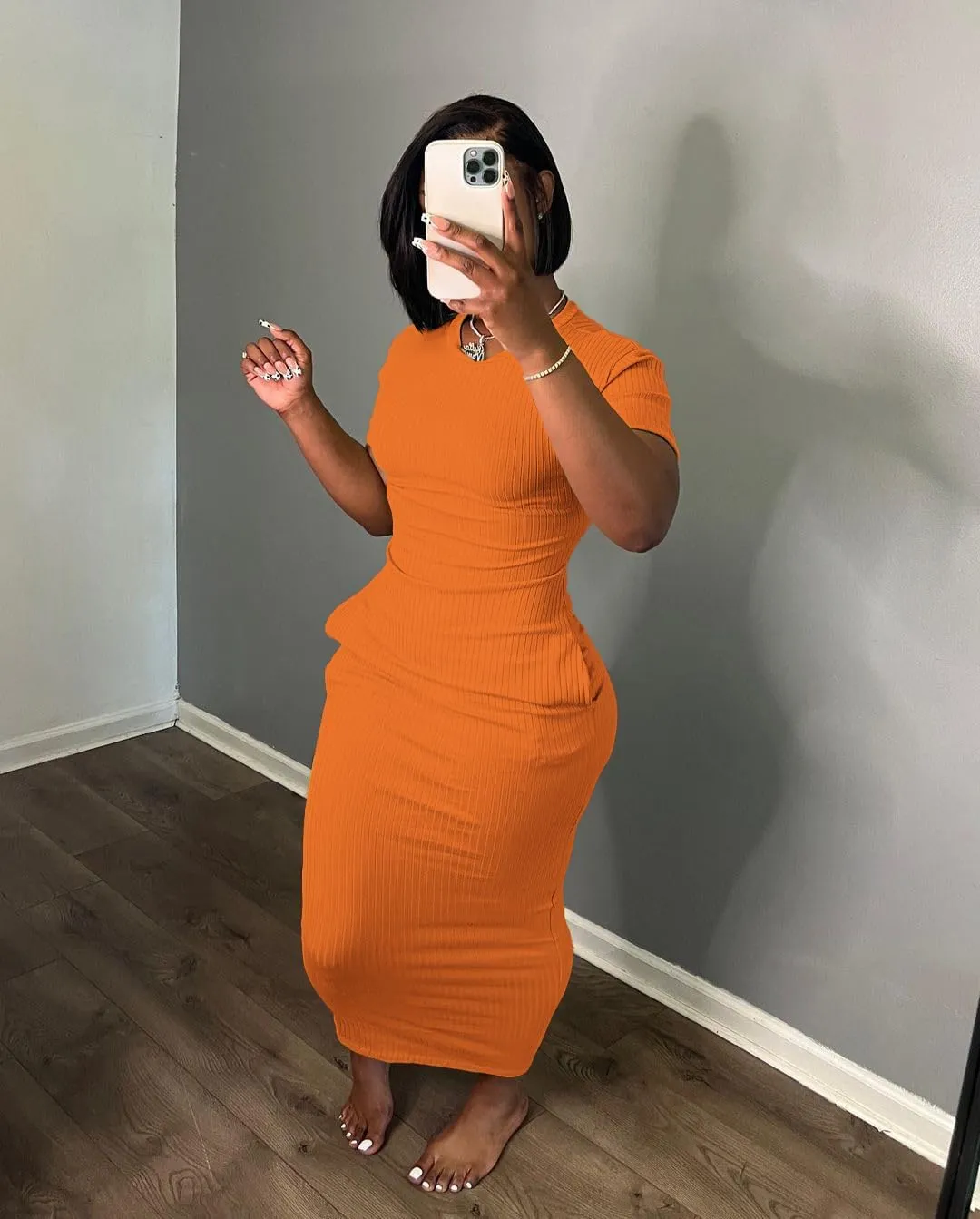 Women's Casual Short Sleeve Dress T Shirt Bodycon Dresses Ribbed V Neck Maxi Sundress Basic Party Club Dress with Pocket
