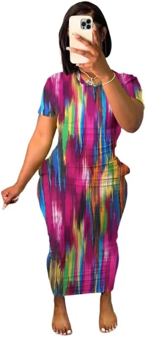 Women's Casual Short Sleeve Dress T Shirt Bodycon Dresses Ribbed V Neck Maxi Sundress Basic Party Club Dress with Pocket