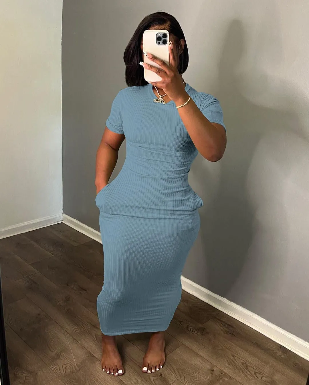 Women's Casual Short Sleeve Dress T Shirt Bodycon Dresses Ribbed V Neck Maxi Sundress Basic Party Club Dress with Pocket