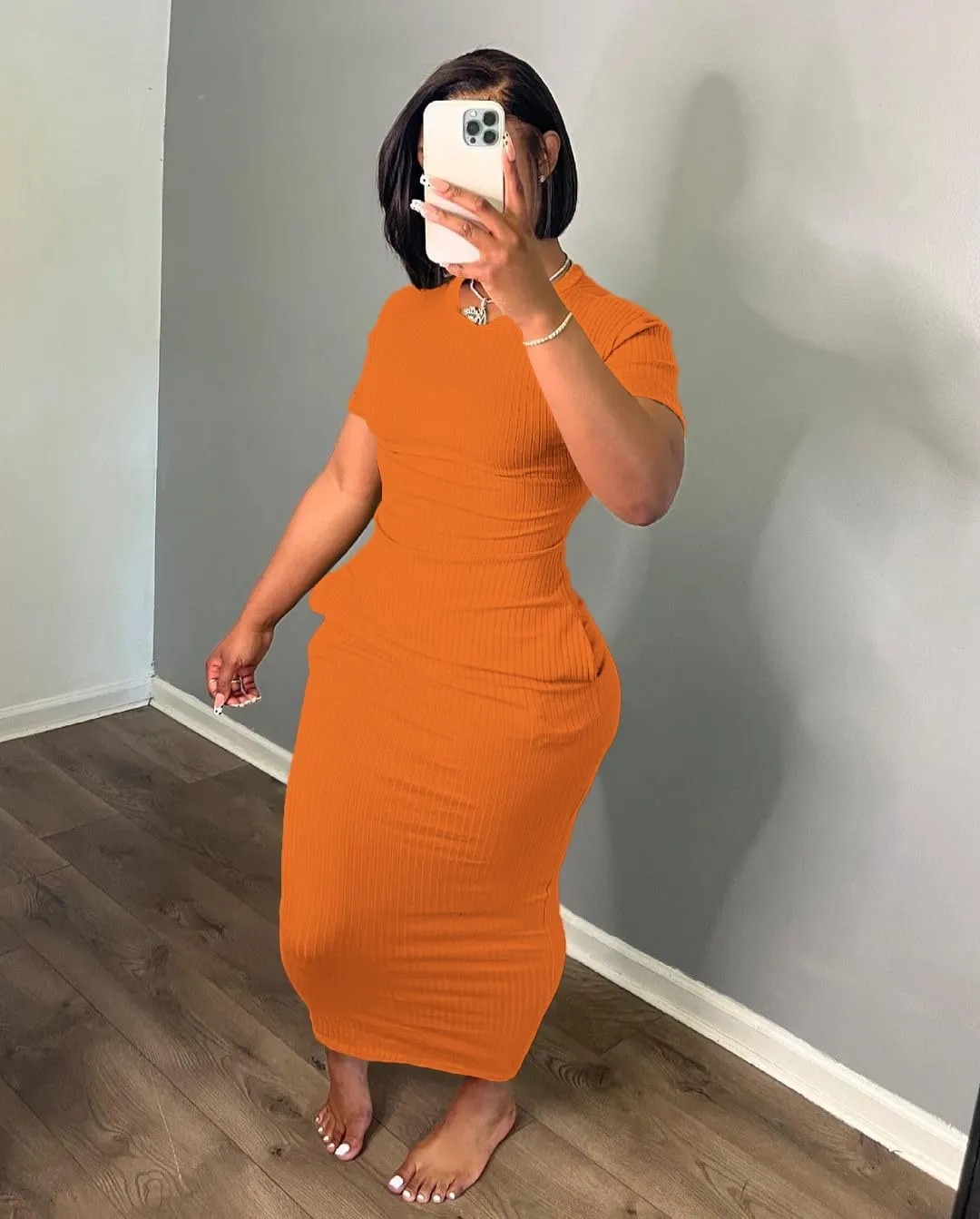 Women's Casual Short Sleeve Dress T Shirt Bodycon Dresses Ribbed V Neck Maxi Sundress Basic Party Club Dress with Pocket
