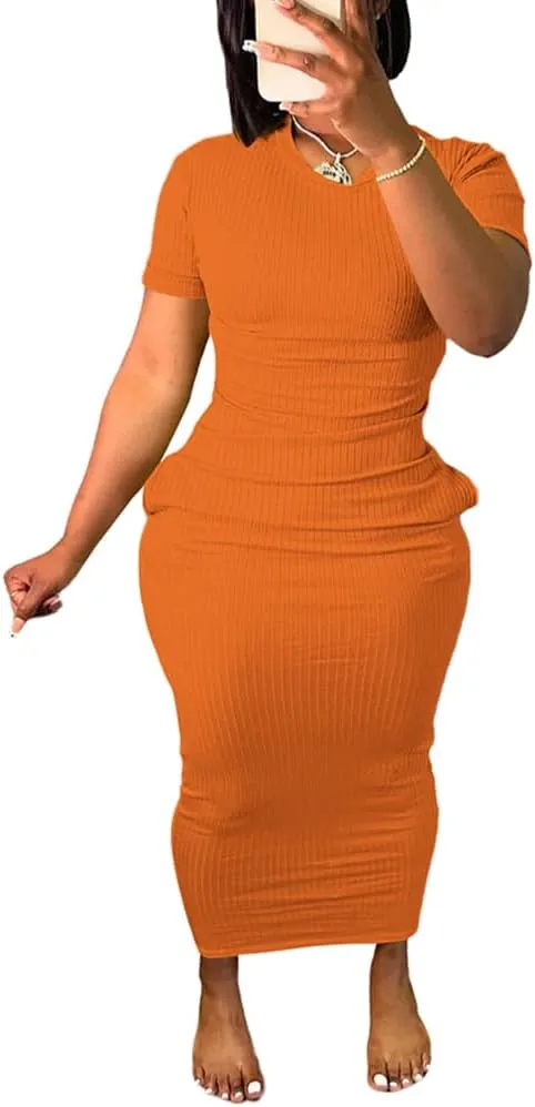 Women's Casual Short Sleeve Dress T Shirt Bodycon Dresses Ribbed V Neck Maxi Sundress Basic Party Club Dress with Pocket