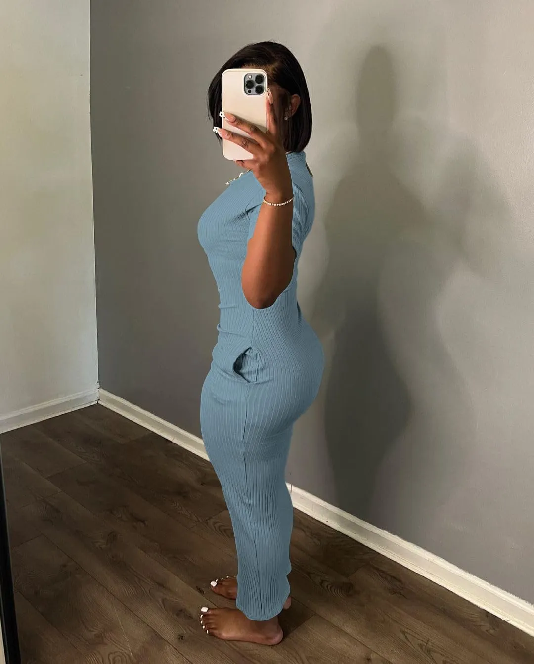 Women's Casual Short Sleeve Dress T Shirt Bodycon Dresses Ribbed V Neck Maxi Sundress Basic Party Club Dress with Pocket