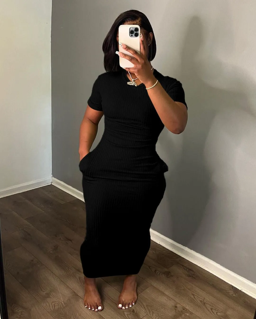 Women's Casual Short Sleeve Dress T Shirt Bodycon Dresses Ribbed V Neck Maxi Sundress Basic Party Club Dress with Pocket