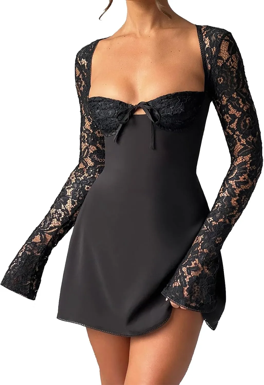 Women's Elegant Lace Long Sleeve Dress Lace Patchwork Low Cut Mini Dress Backless Tie-up Y2k Going Out Dress