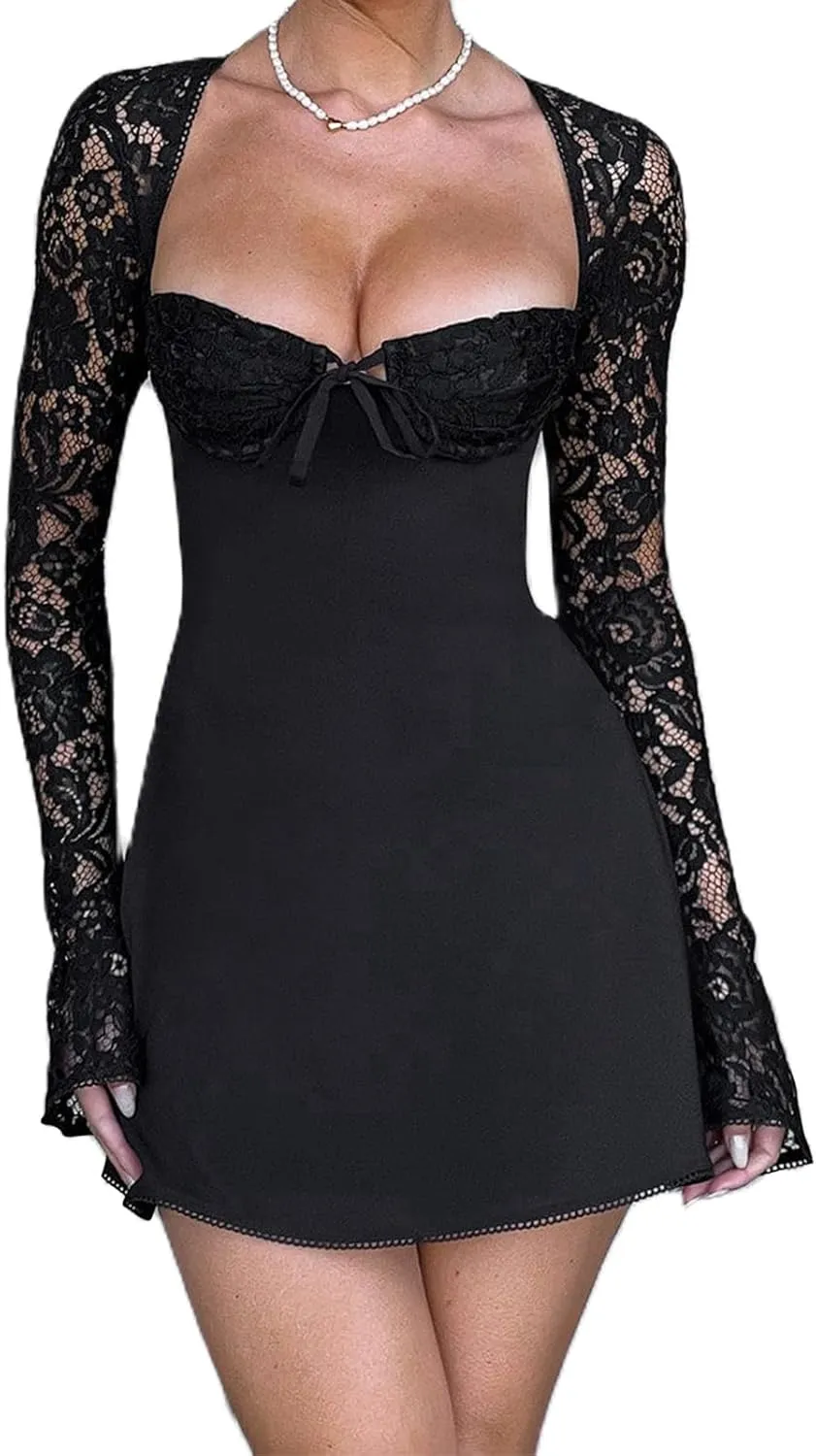 Women's Elegant Lace Long Sleeve Dress Lace Patchwork Low Cut Mini Dress Backless Tie-up Y2k Going Out Dress
