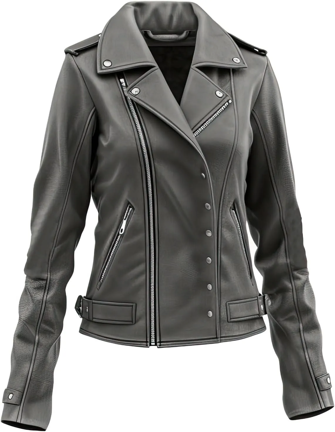 Womens Grey Genuine Sheepskin Crossover Lapel Collar Warm Biker Outfit Winter Asymmetric Zipper Soft Rider Leather Jacket