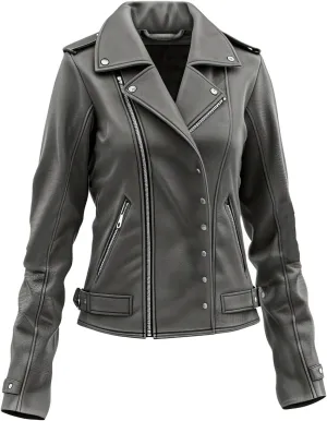 Womens Grey Genuine Sheepskin Crossover Lapel Collar Warm Biker Outfit Winter Asymmetric Zipper Soft Rider Leather Jacket